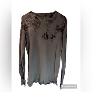 Affliction Mens vintage long sleeve T-shirt gray with black stitch skull Y2K